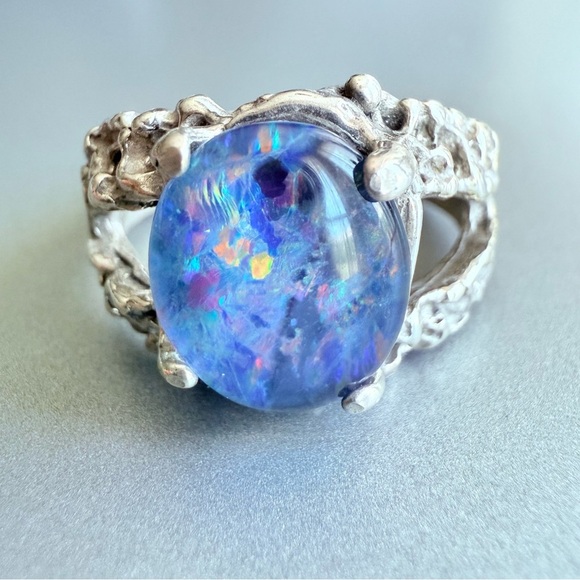 Jewelry - Fire Opal Doublet Artisan Made Textured Unisex Ring in Sterling Silver, …